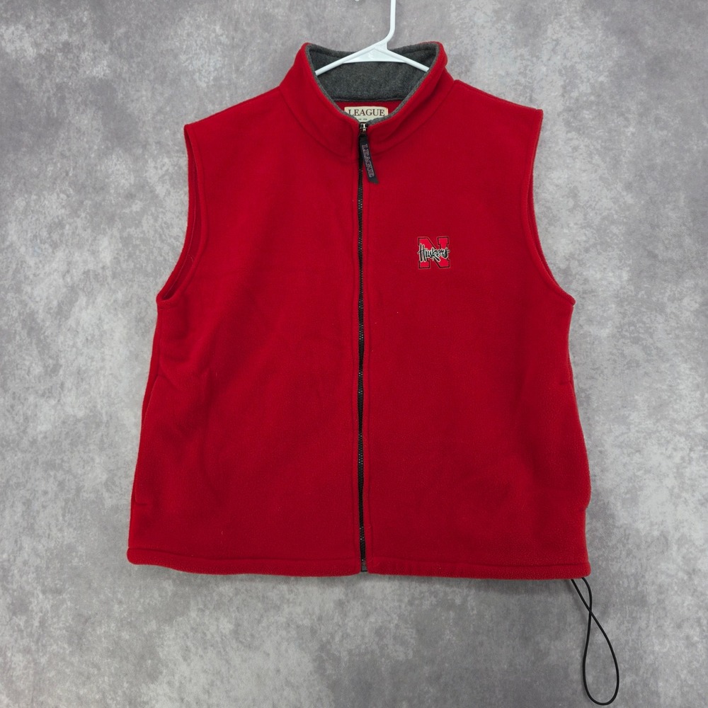 Vintage Nebraska Huskers Fleece Vest League Mens L Red Full Zip Made in USA NCAA